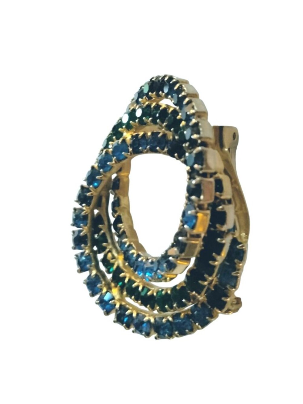Triple Interlocking Circles Pin Blue Green Rhinestone Brooch - Picture 3 of 5